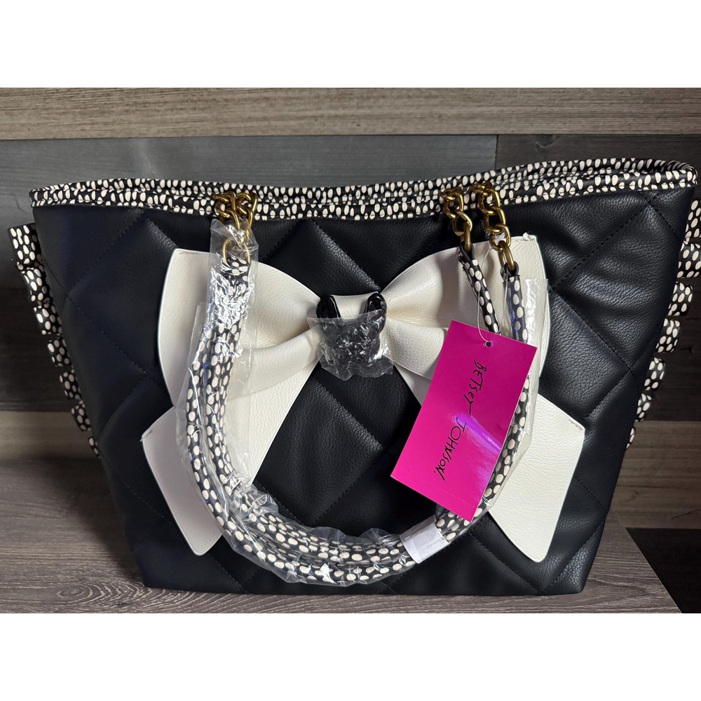 NWT Betsey Johnson BULLDOG Bow tie Tote - Black & White
